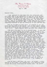 Portada:Carta dirigida a Aniela Rubinstein. San Diego (California), 02-05-1985