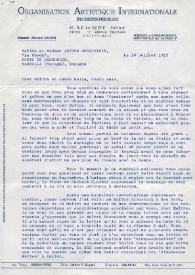 Portada:Carta dirigida a Aniela y Arthur Rubinstein. París (Francia), 18-07-1973