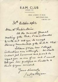 Portada:Carta dirigida a Arthur Rubinstein. Londres (Inglaterra), 30-10-1962