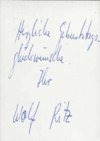 Portada:Tarjeta dirigida a Arthur Rubinstein. Zurich (Suiza), 28-01-1981