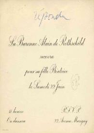 Portada:Tarjeta dirigida a Aniela y Arthur Rubinstein. París (Francia), 22-07-1957