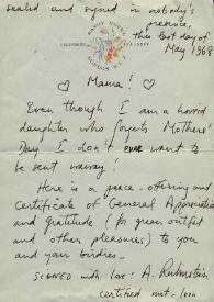 Portada:Carta dirigida a Aniela Rubinstein. Londres (Inglaterra), 31-05-1968
