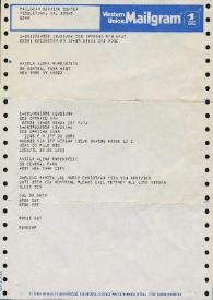 Portada:Telegrama dirigido a Aniela Alina Rubinstein. Middletown, Ohio (Estados Unidos), 23-12-1984