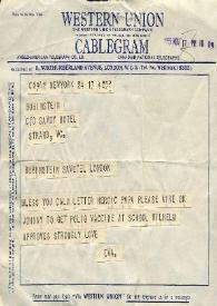 Portada:Telegrama dirigido a Aniela y Arthur Rubinstein. Nueva York (Estados Unidos), 17-11-1955