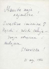 Portada:Tarjeta dirigida a Aniela Rubinstein. Lodz (Polonia), 31-05-1986