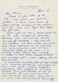 Portada:Carta dirigida a Aniela Rubinstein. Nueva York (Estados Unidos), 19-04-1967