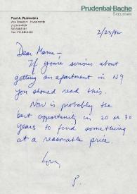 Portada:Carta dirigida a Aniela Rubinstein. Nueva York (Estados Unidos), 23-02-1992