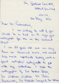 Portada:Carta dirigida a Arthur Rubinstein. Halesowen (Reino Unido), 11-05-1970