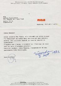 Portada:Carta dirigida a Aniela Rubinstein. Hamburgo (Alemania), 19-07-1983