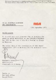 Portada:Carta dirigida a Arthur Rubinstein. Londres (Inglaterra), 13-09-1972
