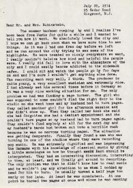 Portada:Carta dirigida a Aniela y Arthur Rubinstein. Ringwood, 28-07-1974