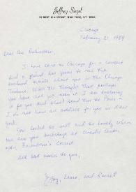 Portada:Carta dirigida a Aniela Rubinstein. Chicago, Illinois (Estados Unidos), 21-02-1984