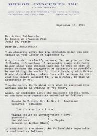 Portada:Carta dirigida a Arthur Rubinstein. Nueva York (Estados Unidos), 13-09-1971