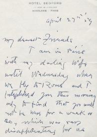 Portada:Carta dirigida a Aniela y Arthur Rubinstein. París (Francia), 27-04-1959