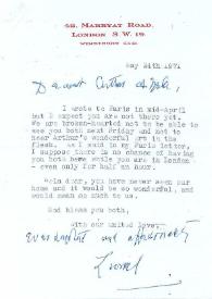 Portada:Carta dirigida a Aniela y Arthur Rubinstein. Londres (Inglaterra), 24-05-1971