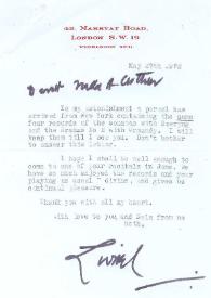 Portada:Carta dirigida a Aniela y Arthur Rubinstein. Londres (Inglaterra), 27-05-1972