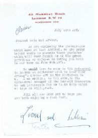 Portada:Carta dirigida a Aniela y Arthur Rubinstein. Londres (Inglaterra), 20-07-1971
