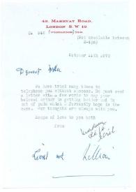 Portada:Carta dirigida a Aniela Rubinstein. Londres (Inglaterra), 11-10-1972