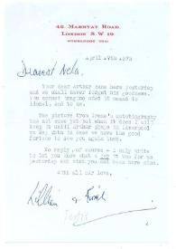 Portada:Carta dirigida a Aniela Rubinstein. Londres (Inglaterra), 17-04-1973