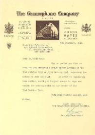 Portada:Carta dirigida a Arthur Rubinstein. Hayes (Inglaterra), 09-02-1940