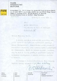 Portada:Carta dirigida a Arthur Rubinstein. Cracovia (Polonia), 05-03-1980