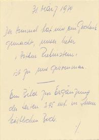 Portada:Tarjeta dirigida a Arthur Rubinstein, 31-03-1974