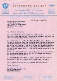 Portada:Carta dirigida a Arthur Rubinstein. Madrid (España), 01-04-1971