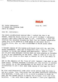Portada:Carta dirigida a Arthur Rubinstein. Nueva York (Estados Unidos), 30-06-1970