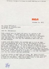 Portada:Carta dirigida a Arthur Rubinstein. Nueva York (Estados Unidos), 21-10-1971