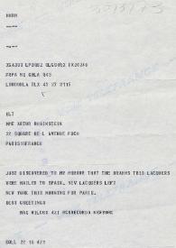 Portada:Telegrama dirigido a Arthur Rubinstein. Londres (Inglaterra), 30-03-1973