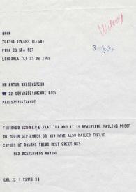 Portada:Telegrama dirigido a Arthur Rubinstein. Londres (Inglaterra), 30-09-1974