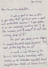 Portada:Carta dirigida a Aniela y Arthur Rubinstein. Nueva York (Estados Unidos), 14-11-1976