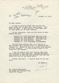 Portada:Carta dirigida a Arthur Rubinstein. Nueva York, 23-01-1973