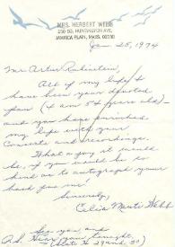Portada:Carta dirigida a Arthur Rubinstein. Massachusets, 25-01-1974