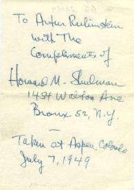Portada:Nota a Arthur Rubinstein. Colorado, 07-07-1949