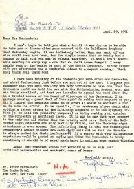 Portada:Carta dirigida a Arthur Rubinstein. Maryland, 19-04-1971