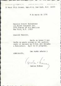 Portada:Carta dirigida a Arthur Rubinstein. Mexico, 09-03-1976