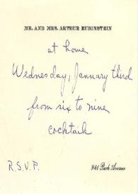Portada:Tarjeta de invitación de Arthur Rubinstein