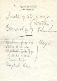 Portada:Nota manuscrita de Arthur Rubinstein