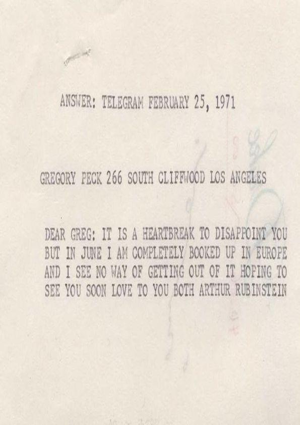 Telegrama dirigido a Arthur Rubinstein. Los Angeles (California), 25-02-1971 | Biblioteca Virtual Miguel de Cervantes