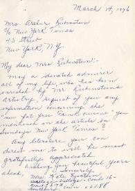 Portada:Carta dirigida a Aniela Rubinstein. Southbury (Connecticut), 14-03-1976