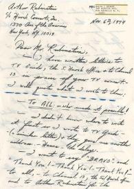 Portada:Carta dirigida a Arthur Rubinstein. Nueva York, 06-11-1974