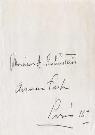 Portada:Carta dirigida a Arthur Rubinstein. Courcelle-Sur- Y Vete, 17-02-1971