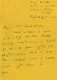 Portada:Carta dirigida a Arthur Rubinstein. Miami, 05-02-1972