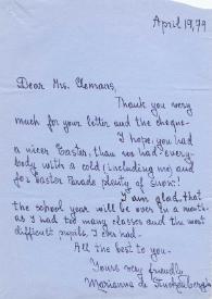 Portada:Carta dirigida a Clara H. Clemans. Nueva York, 19-04-1979