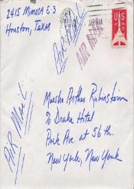 Portada:Tarjeta dirigida a Arthur Rubinstein. Houston
