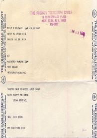 Portada:Telegrama dirigido a Arthur Rubinstein. París (Francia), 29-01-1975