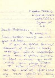 Portada:Carta dirigida a Arthur Rubinstein. Warwick (Inglaterra), 01-04-1981