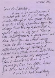 Portada:Carta dirigida a Arthur Rubinstein. Minneapolis (Minnesota), 10-02-1982