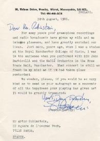 Portada:Carta dirigida a Arthur Rubinstein. Wirral (Inglaterra), 24-08-1981